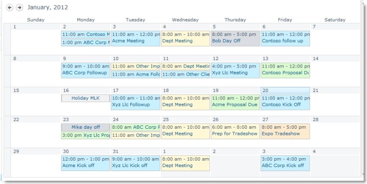 Color coded SharePoint calendar