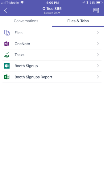 Team tabs on mobile iphone