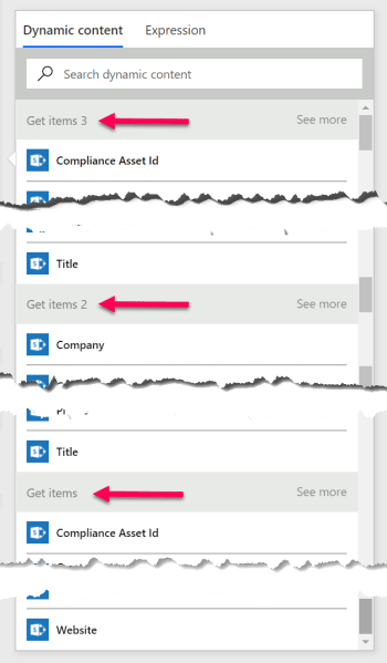 Microsoft Flow dynamic content selectors for three SharePoint Get Items actions