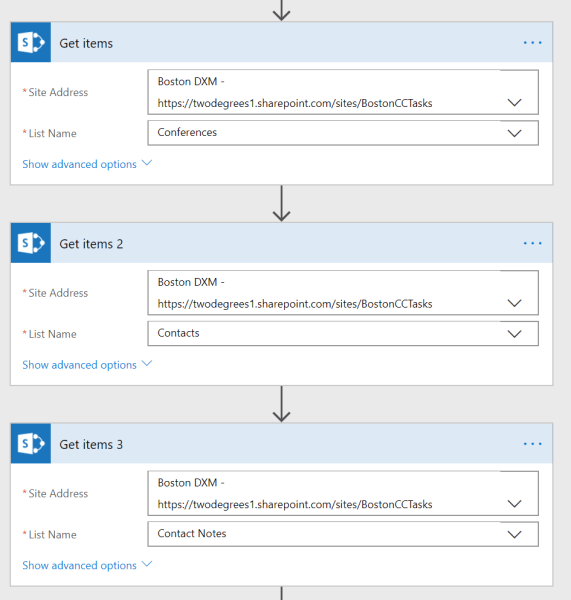 Three SharePoint Get Items actions in microsoft flow