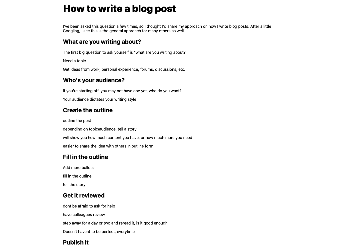 outline of a blog post trying to tell a story