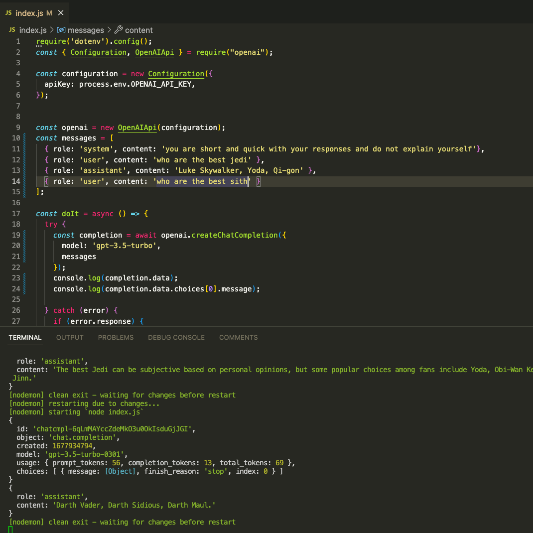 nodejs code of working with openai and chatgpt apis