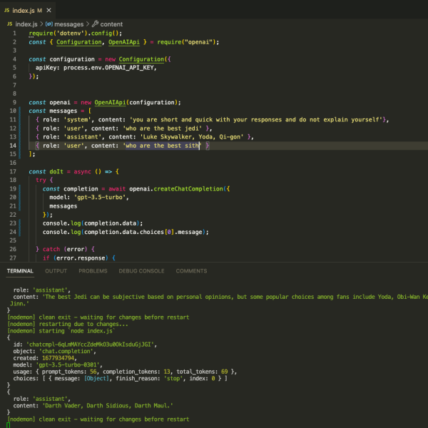 nodejs code of working with openai and chatgpt apis
