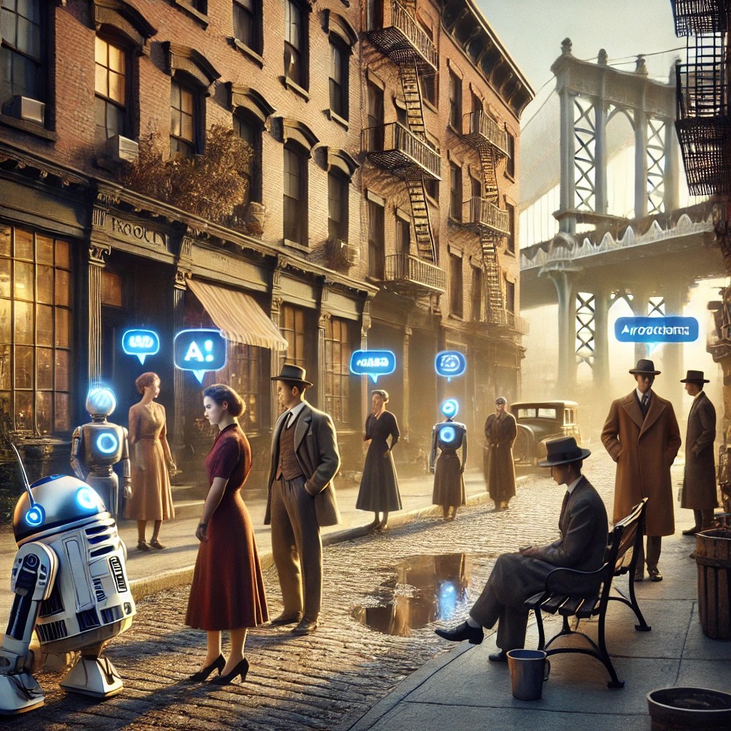 Create an image for my blog post. I talk about people using AI and ChatGPT. Create the image photo realistic, and make it look like it’s from the 1930s Brooklyn