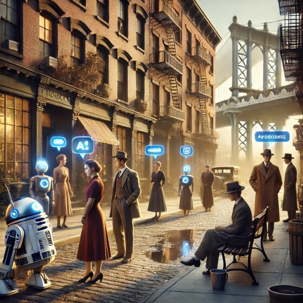 Create an image for my blog post. I talk about people using AI and ChatGPT. Create the image photo realistic, and make it look like it’s from the 1930s Brooklyn